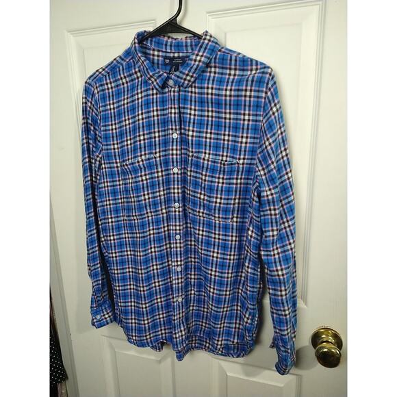 Gap Woman M Shirt Plaid Boyfriend Fit Blue Casual Collared Button Flannel - Picture 2 of 8